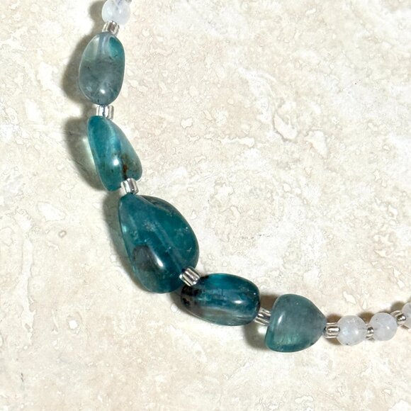 Genuine Natural Gemstone Apatite Rainbow Moonstone Bracelet, Dainty & Elegant - Picture 3 of 14